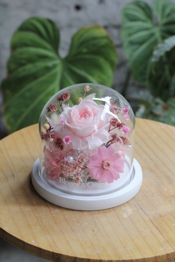 Bloom & Grace 永生花盅作品：淺粉色系精緻永生花盅中型