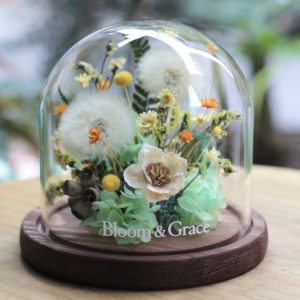純淨蒲公英永生花玻璃花盅(木頭底)