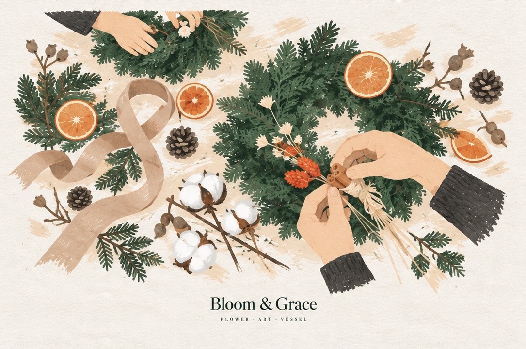 Bloom & Grace 聖誕花圈手作插畫：松枝、橙片、棉花與緞帶