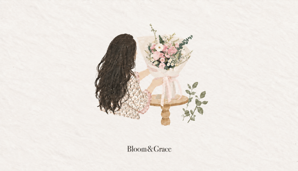 Bloom & Grace 花店日常水彩插畫，長髮花藝師整理粉白花束